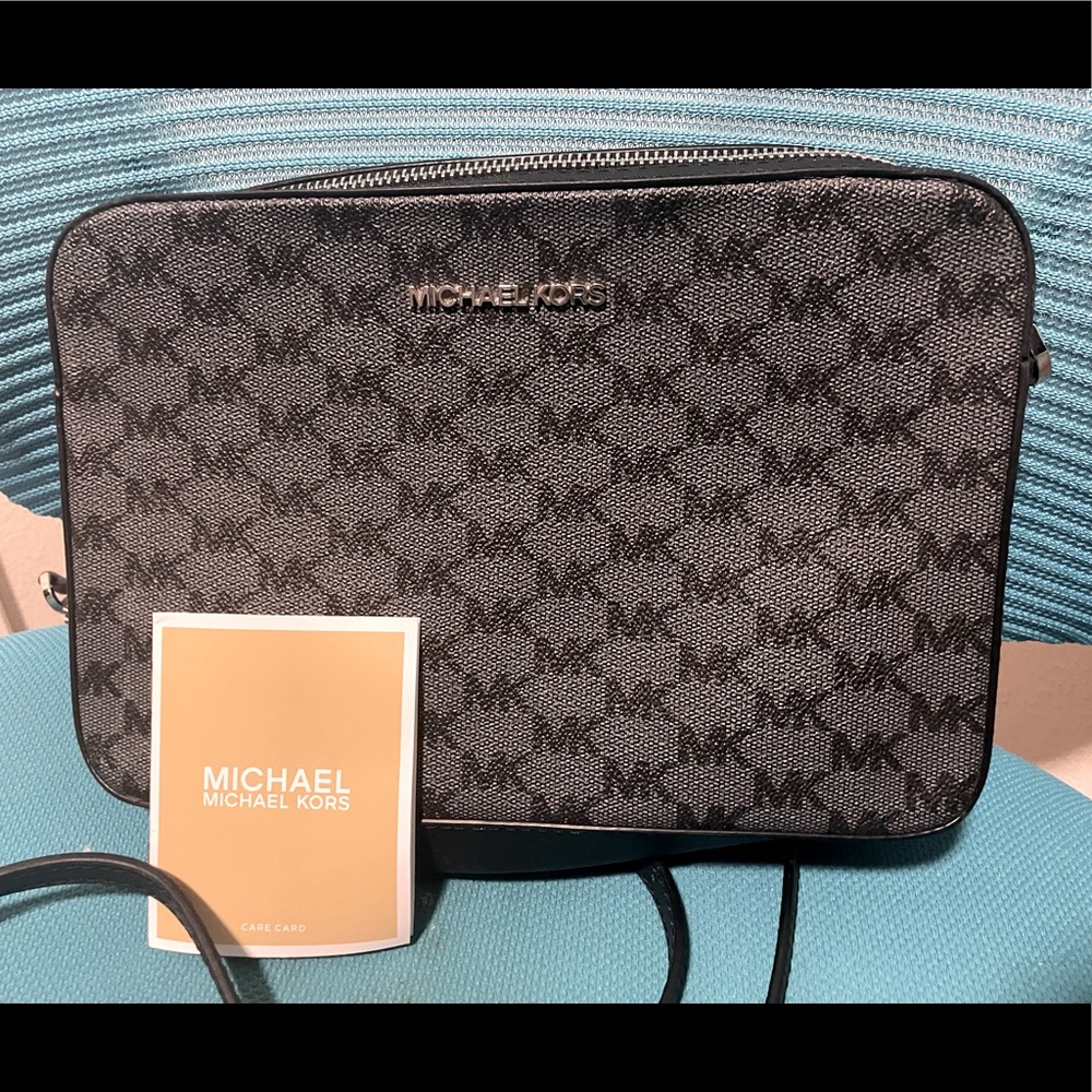 Michael Kors Ginny Medium Logo Crossbody Bag purse black silver and grey